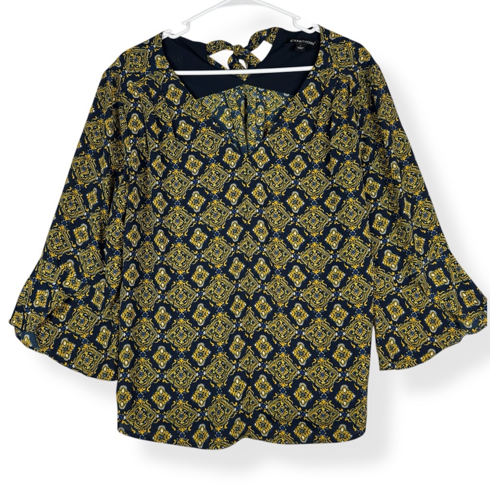 41 Hawthorn Blouse Womens Large L Blue Yellow Damask 3/4 Slit Bell Sleeve